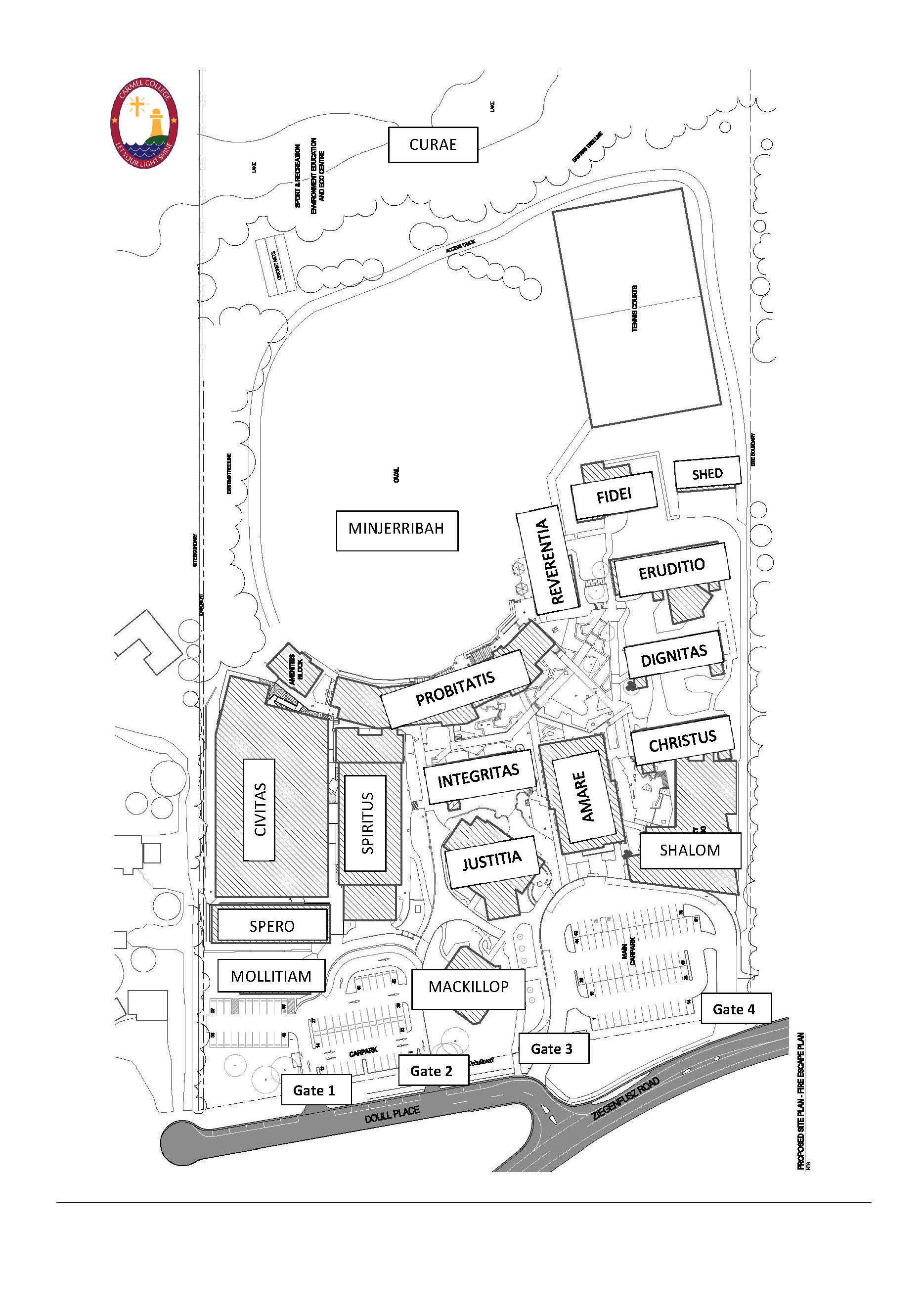 Campus map of Carmel College showing key buildings facilities sporting areas and site access points to support navigation and orientation