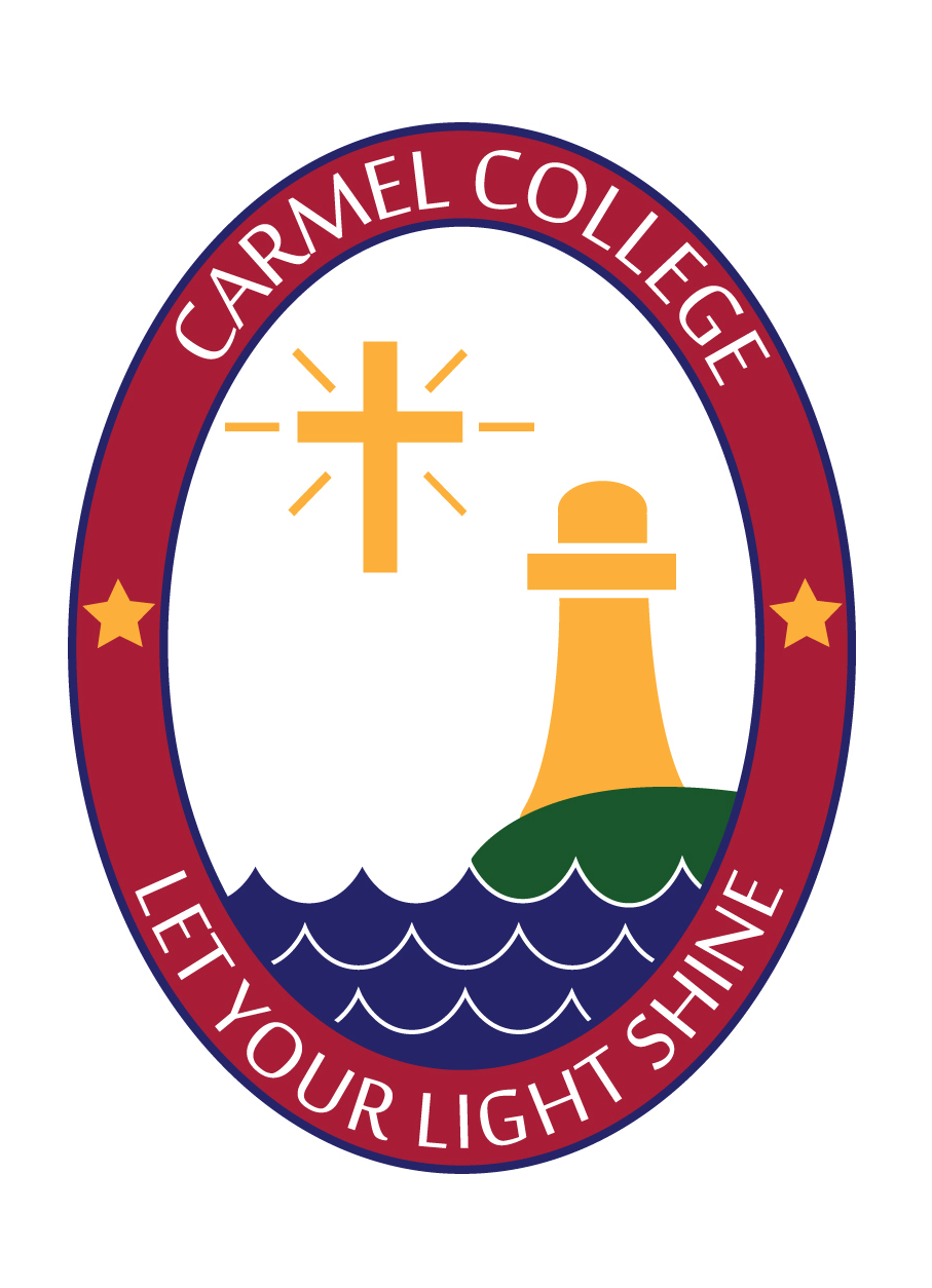 Carmel College crest featuring cross lighthouse and waves symbolising faith guidance and the call to let your light shine